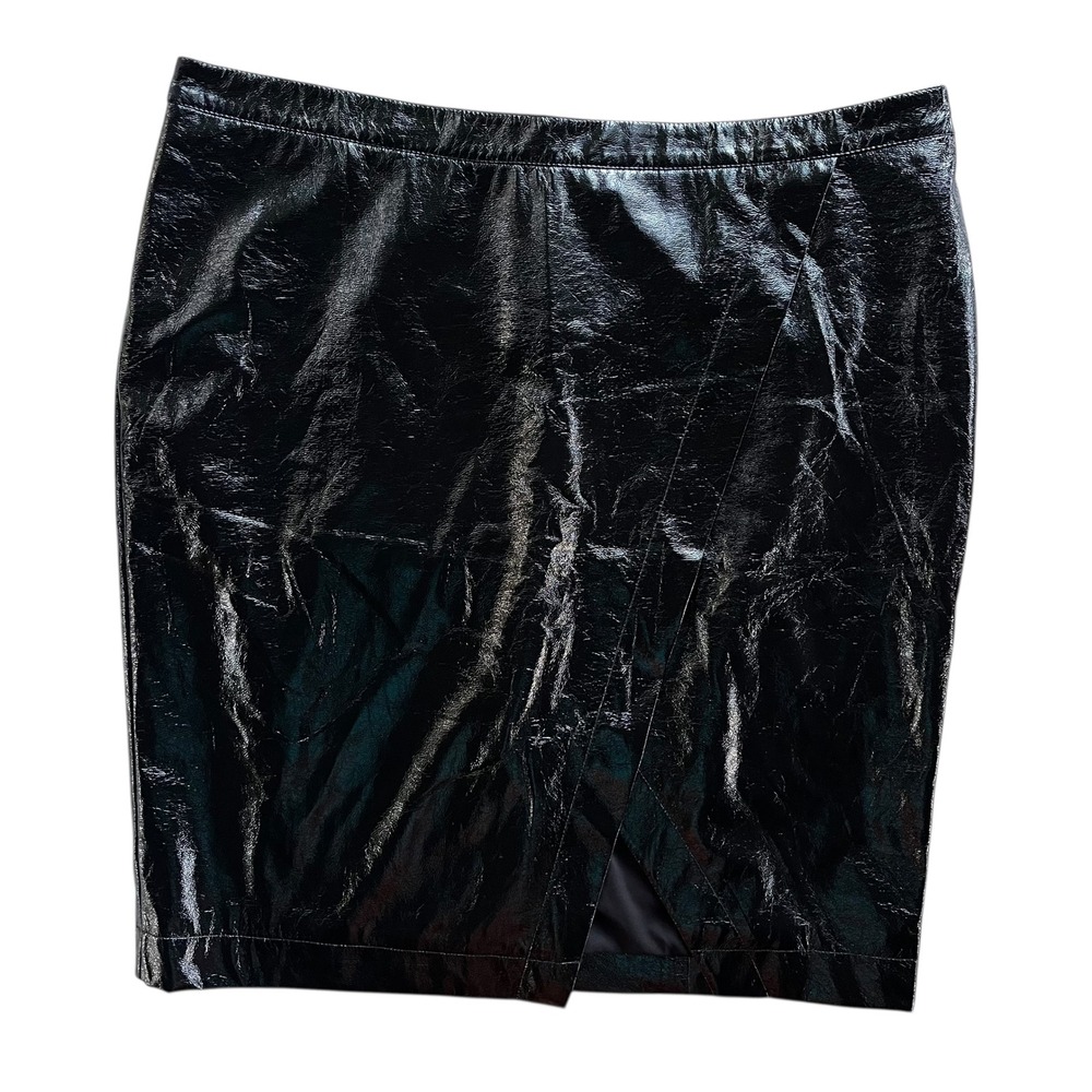 Nina Parker Womens Plus 18W Black Shiny Faux Leather Overlap Skirt Trendy Grunge
